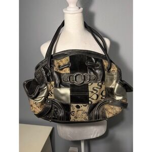 Sophia Caperelli Black Gold Patchwork Leather Canvas Hobo Shoulder Bag Large